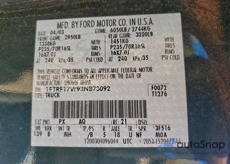 2003 Ford F150 z USA, uszkodzony, nr VIN 1FTRF17W93NB73092